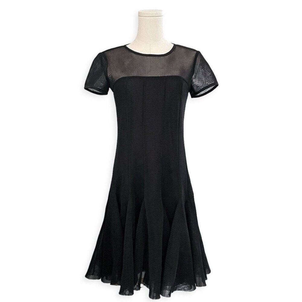 Sara Campbell Mesh Fit‎ & Flare Dress Sz S Black Short Vintage Mesh Pleated USA